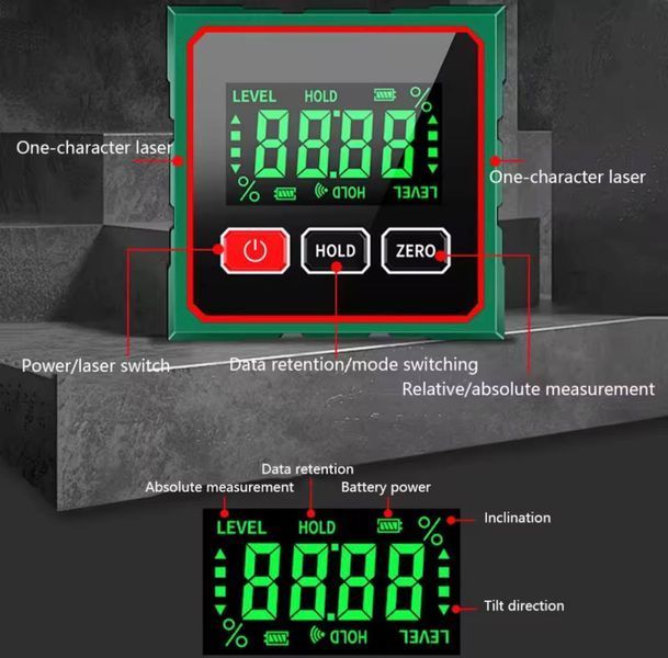 Цифровий кутомір Digital Protractor JC 120 з вбудованим акумулятором інклінометр з лазерами та магнітом JC 120 фото