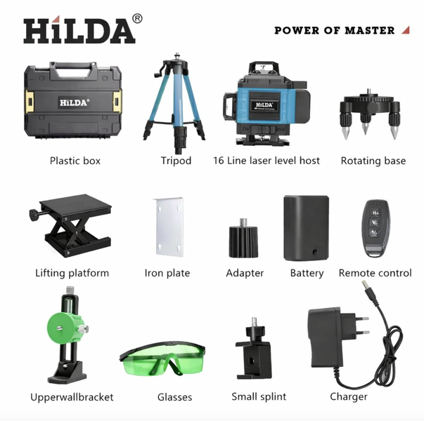 Лазерний рівень із жк-екраном HiLDA 4D, професійний нівелір із кейсом, лазерний рівень 16 ліній HiLDA 4D in case фото