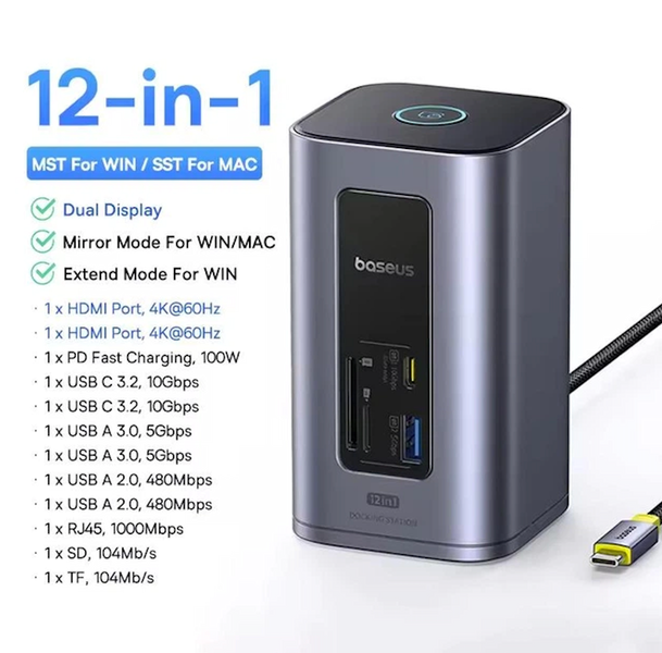 Док-станція Baseus Nomos NU1 Air 12в1 USB-C, 2x HDMI 4K, PD 100W, Ethernet, хаб для ноутбука Baseus hub 12in1 фото