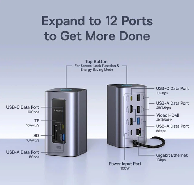 Док-станція Baseus Nomos NU1 Air 12в1 USB-C, 2x HDMI 4K, PD 100W, Ethernet, хаб для ноутбука Baseus hub 12in1 фото